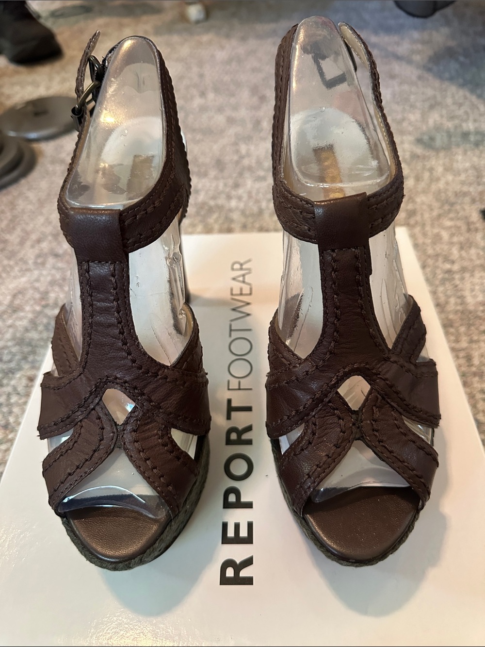 Report Brown Leather T-Strap Wedge Sandals